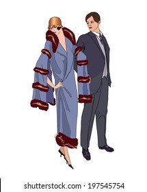 Couple on party. Man and woman in vintage style 1920's. Portrait of an attractive flapper girl with her boyfriend. Retro fashion vector illustration isolated on white background.