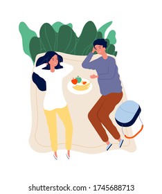 Couple on picnic. Outdoor activity, relaxing and spend time together. Dating on nature with food and drinks vector illustration