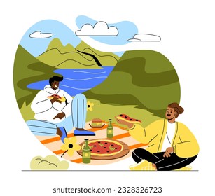 Pareja en concepto de picnic al aire libre. Los hombres con comida se sientan en la limpieza en verano o en primavera. Fines de semana en la naturaleza. Jóvenes con pizza, hamburguesas y cerveza. Dibujo vectorial plano de dibujos animados