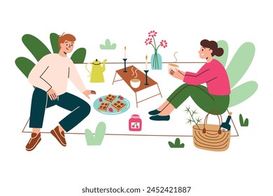 Couple on a picnic, romantic meal outside, hand drawn composition with man and woman in love, summer glamping, vector illustration of picnic blanket with food and drinks, relaxing in park