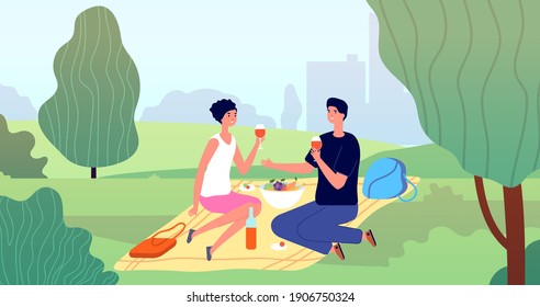 Couple on picnic. Spring picnics, garden or city park family date. Springtime outdoor activity, cartoon people eat on nature utter vector concept