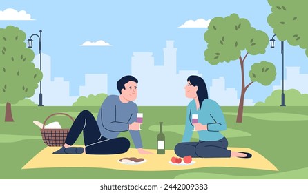 Couple on picnic. Young man and woman eating and drinking outdoor. Dating on nature, seasonal resting and recreation, flat recent vector scene