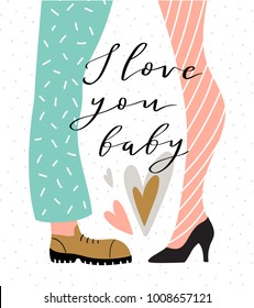 Couple on the polka dot background with lettering - 'I love you baby'. Valentine's Day card. Cute couple in love. Vector illustration in hand drawn style.