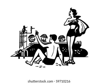 Couple On Pool Deck - Retro Clip Art