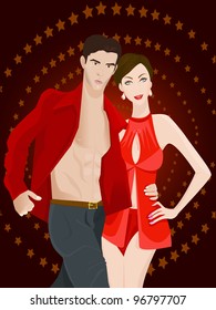 Couple on ramp in red. Vector illustration.