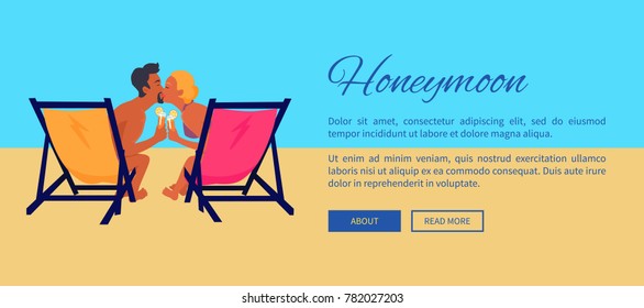 Couple on recliners at beach with cocktails kisses near sea under hot sun vector illustration web banner in flat style design