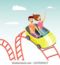 Couple On Rollercoaster Rides Flat Cartoon Vector Illustration On Amusement Park Background. Excited Scared Man And Happy Woman Riding Fast On Russian Mountains Rides.