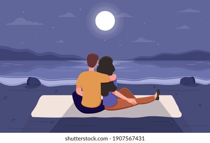 Couple on a romantic date at the beach. Male and female characters in love hugging each other while sitting at night watching waves. Flat cartoon vector illustration