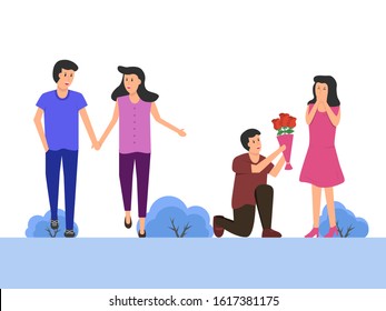 Couple on romantic date. Boy and girl walking together. Man makes marriage propose to girlfriend with rose bouquet. Flat cartoon vector illustration.