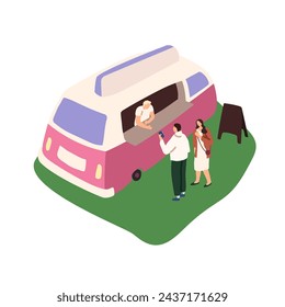 Couple on romantic date buys ice cream in food truck. Seller in van stall sells snacks. Kiosk of fastfood outdoor. People on summer festival in park. Flat isolated vector illustration on white