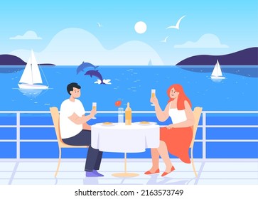 Couple on romantic date on deck of cruise ship. Man and woman having meal in cafe or restaurant on boat or shore flat vector illustration. Journey, honeymoon, vacation, traveling concept for banner