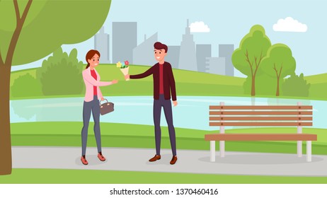 Couple on romantic date flat illustration. Spring landscape, modern cityscape, trees, bushes drawing. Boyfriend giving girlfriend bunch of flowers, man and woman strolling, walking in city park