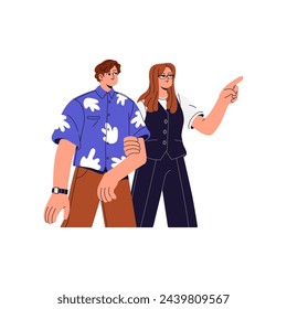 Couple on romantic date goes arm in hand. People walk, stroll together. Young woman in glasses pointing with finger, shows with forefinger smth. Flat isolated vector illustration on white background