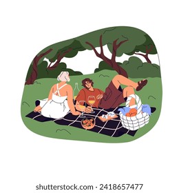 Couple on romantic date in outdoors in summer. Romance on picnic in green park. People sit on blanket, drink wine, eat fruit. Love relationship. Flat isolated vector illustration on white background