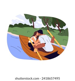 Couple on romantic date outdoors. People kiss on wooden boat ride. Romance during walking on forest river. Young pair in love relationship. Flat isolated vector illustration on white background
