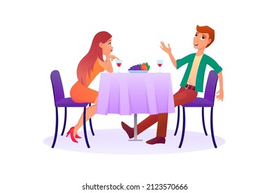 Verweilen Sie bei einem romantischen Date in einem Restaurant, Café. Ein verliebtes Mädchen hört der Geschichte eines Jungen zu. Obst und Wein in Gläsern auf dem Tisch. Vektorgrafik einzeln auf weißem Hintergrund. Cartoon-Leute.