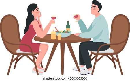 Pareja en caracteres vectoriales de color semiplano de fecha romántica. Figuras sentadas. Gente de cuerpo entero en blanco. Ilustración de estilo de dibujos animados modernos y aislados de partidos en el hogar para el diseño gráfico y la animación