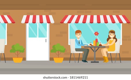 Couple on Romantic Date, Smiling Young Man and Woman Sitting at Table and Eating Desserts in Outdoor Cafe at Summer Time Cartoon Vector Illustration