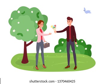 Couple on romantic date vector illustration. Spring landscape, blooming trees, bushes isolated clipart. Boyfriend giving girlfriend bunch of flowers, man and woman characters walking in park
