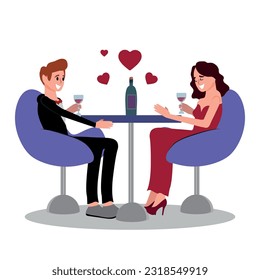 Couple on a romantic date. Young man and woman, couple in love having dinner, meeting of two close loving people in romantic relationships in cafe. cartoon illustration