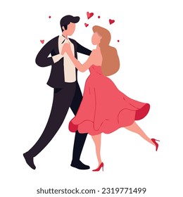 Couple on a romantic date. Young man and woman, couple in love dancing, meeting of two close loving people in romantic relationships in cafe. cartoon illustration.