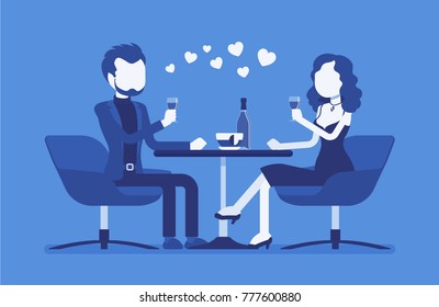 Couple on a romantic date. Young man and woman, pair in love having dinner, meeting of two close loving people in romantic relationships in cafe. Vector illustration with faceless characters
