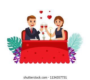 Couple on a romantic dinner date flat style vector illustration