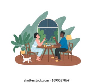 Couple on romantic dinner date at home 2D vector web banner, poster. Man and woman in love flat characters on cartoon background. Drink wine on weekend night printable patch, colorful web element