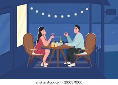 Couple on romantic night date flat color vector illustration. Lovers sitting at table with wine and dinner. Boyfriend and girlfriend 2D cartoon characters with seaside landscape on background