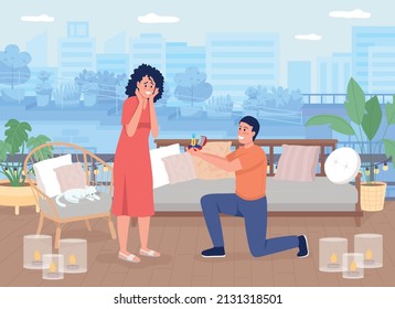 Couple on roof flat color vector illustration. Scandinavian style. Cozy and comfortable roof patio. Man proposing his girlfriend 2D simple cartoon characters with rooftop patio on background