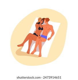 Couple on sand beach. Man and woman hugging, relaxing, sunbathing on summer holiday. Happy romantic people lying on towel at sea resort. Flat vector illustration isolated on white background