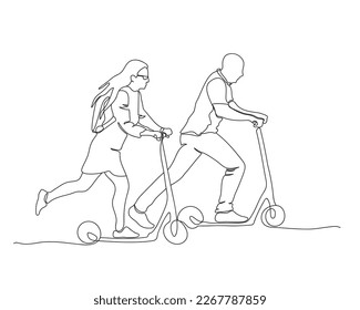Couple on scooter date. Lineart style. Vector illustration.