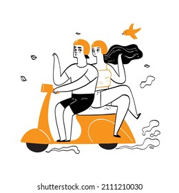 Couple scooter doing outdoor activities newly married couple  honeymoon  Hand drawing vector illustration doodle style 