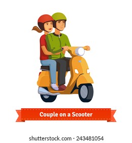 Couple on a scooter. Happy riding together. Flat style illustration. 