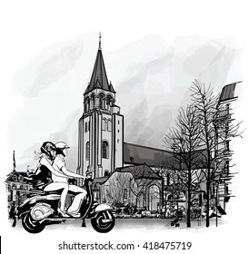 Couple on a scooter in Paris, Saint Germain des Pres - vector illustration