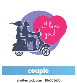 Couple on a scooter: vector illustration of boy and girl in love.