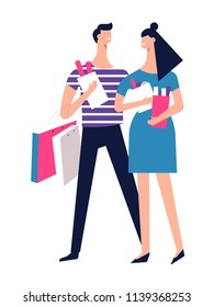 Couple on shopping with packs of clothes and food