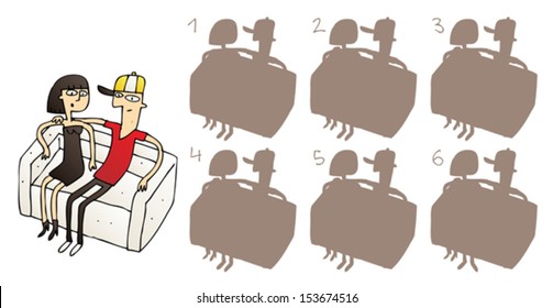 Couple on Sofa Shadows Visual Game. Task: find the right shadow image! Answer: No. 4. Illustration is in eps8 vector mode!