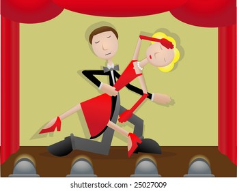 Couple on stage dancing accented curtains posing in tango