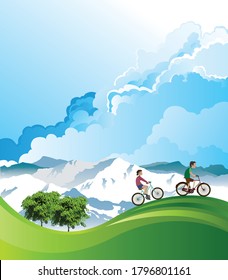 Couple on a summer mountainous Alpine cycling vacation set against a blue cloudy sky