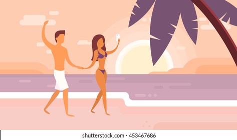 Couple On Summer Vacation Holiday Tropical Ocean Island Sunset With Palm Tree Flat Vector Illustration