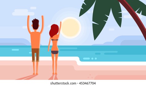 Couple On Summer Vacation Holiday Tropical Ocean Island Sunset With Palm Tree Flat Vector Illustration