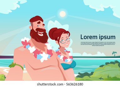 Couple On Summer Vacation Holiday Tropical Ocean Island Man And Woman Hawaii Honeymoon Flat Vector Illustration