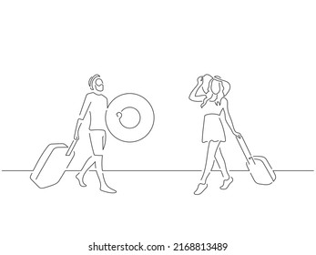 Couple On Summer Vacation In Line Art Drawing Style. Composition Of Two Persons On Holidays. Black Linear Sketch Isolated On White Background. Vector Illustration Design.