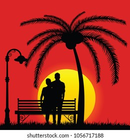 couple on sunset vector illustration with bench and palm tree