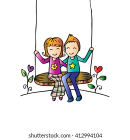 Couple on a Swing. Hand drawing illustration.