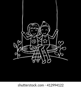 Couple on a Swing. Hand drawing illustration.