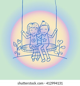 Couple on a Swing. Hand drawing illustration.