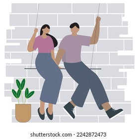 Couple on swing vector art. cute lovely Couple sitting on swing illustration.