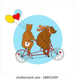 Couple on a tandem bicycle. Advertising for bike rental. Bears ride a bike. Couple with multi-colored balloons on a walk. She-bear with a friend on a date. Outdoor recreation. Healthy lifestyle. 